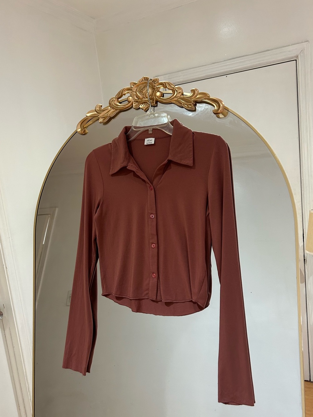 Aritzia Wilfred Button-Front Brown Long Sleeve Top, Size S